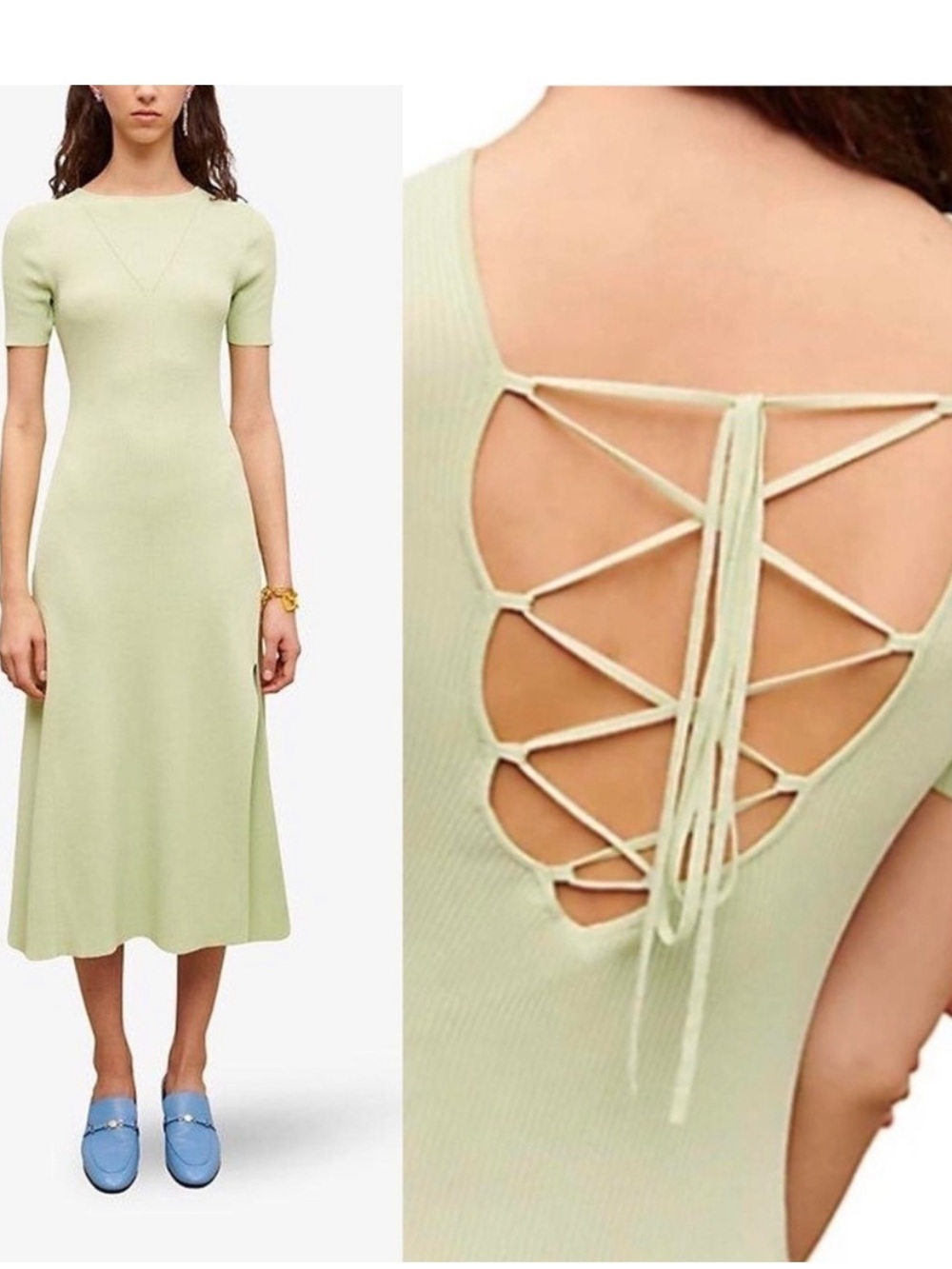 MAJE Pistachio Green knit Lace-Back Midi Dress